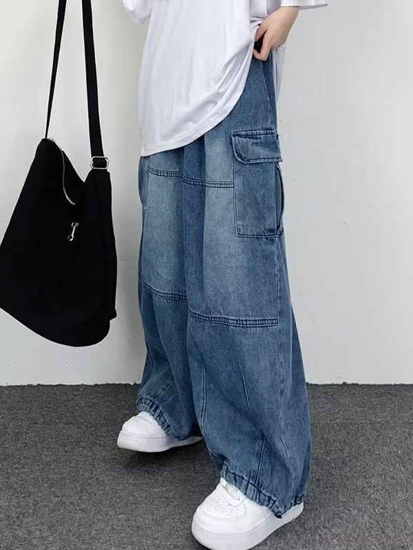 Jeans cargo de patchwork con bolsillo lavado para hombre-1