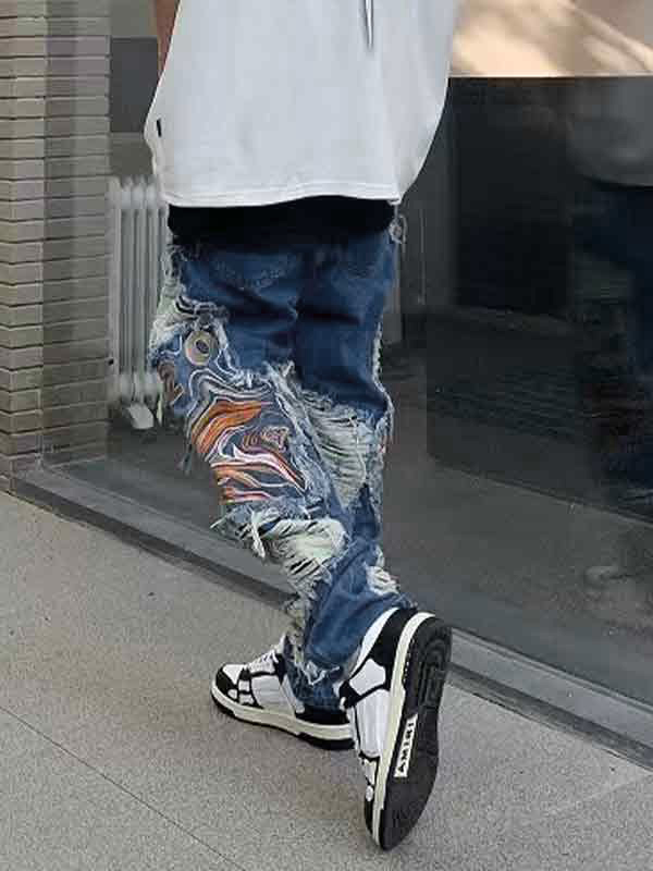 Jeans sueltos bordados con rebabas rasgadas para hombre-2