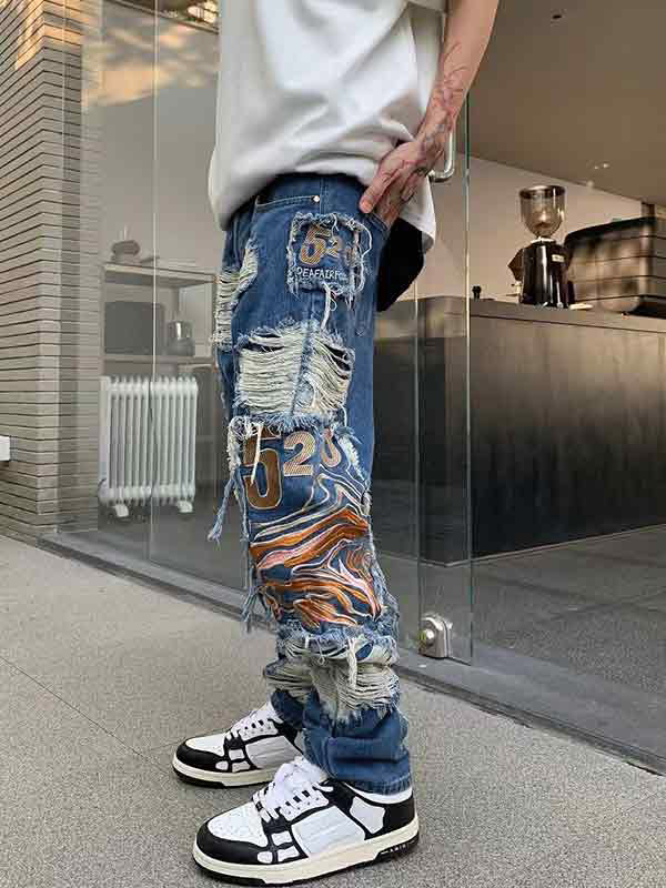 Jeans sueltos bordados con rebabas rasgadas para hombre-1