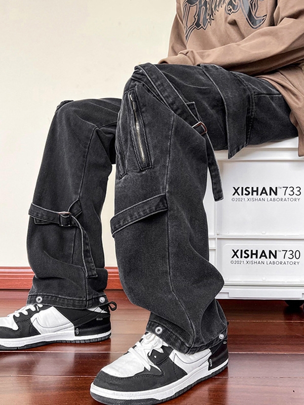 Jeans cargo con cremallera y cordones para hombre-1