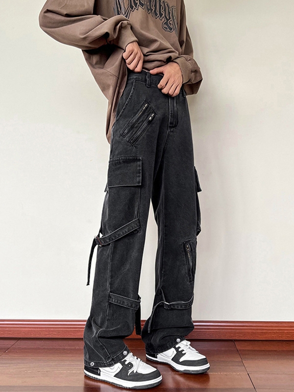 Jeans cargo con cremallera y cordones para hombre-2