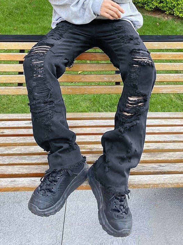 Jeans rectos desgastados bordados en la espalda para hombre-3