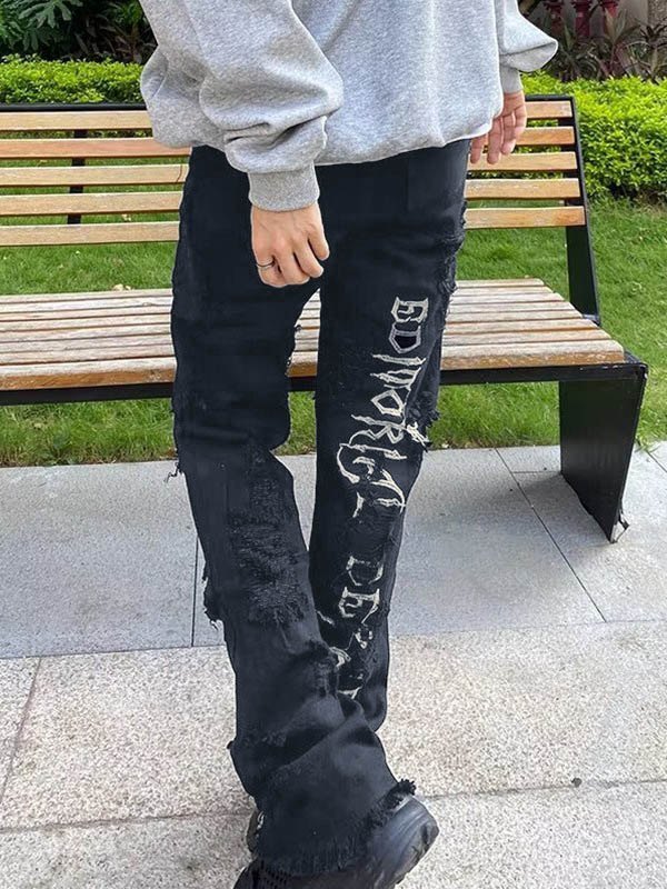Jeans rectos desgastados bordados en la espalda para hombre-2
