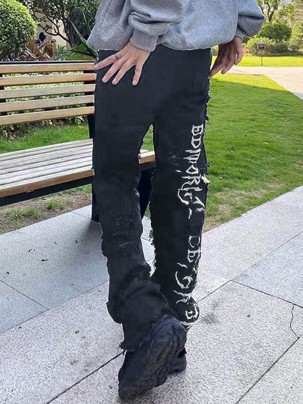 Jeans rectos desgastados bordados en la espalda para hombre-4