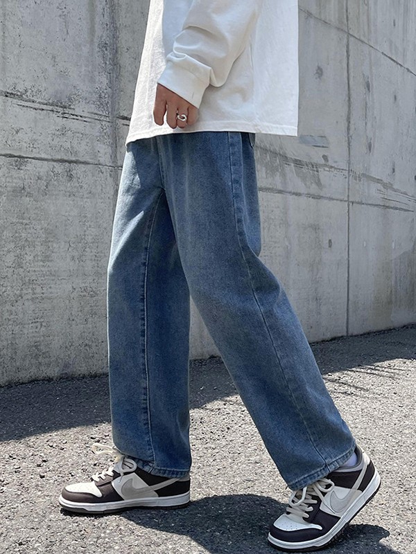 Jeans de pierna recta con lavado básico para hombre-3