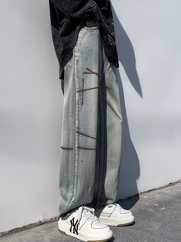 Jeans rectos desgastados cosidos para hombre-1