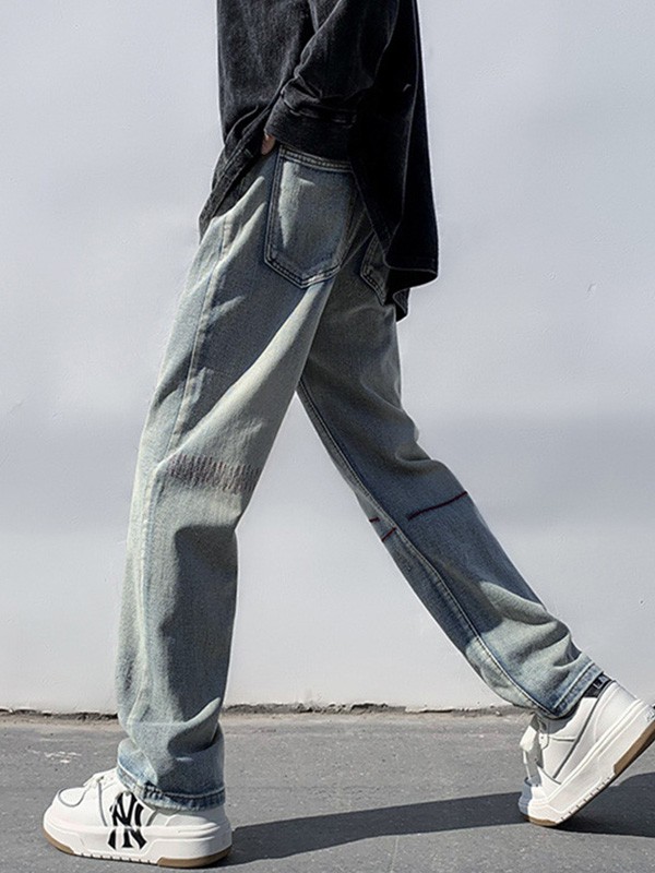 Jeans rectos desgastados cosidos para hombre-2