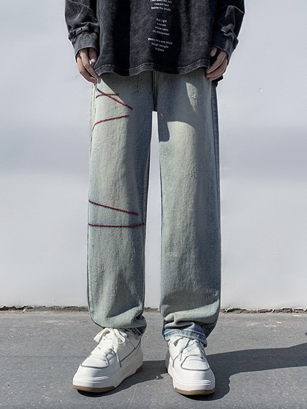 Jeans rectos desgastados cosidos para hombre-3