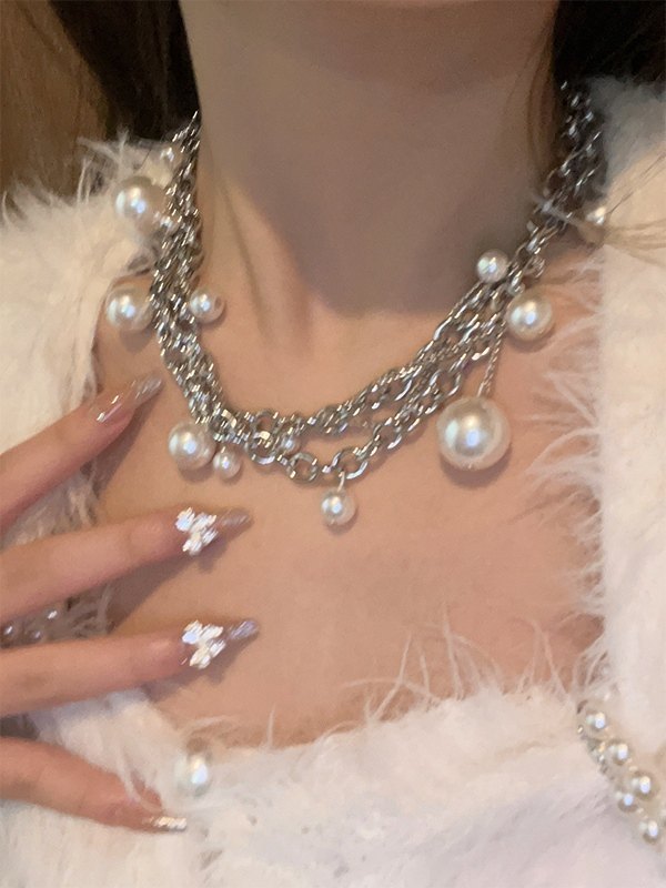 Collar con colgante de perlas de imitación de cadena gruesa-3
