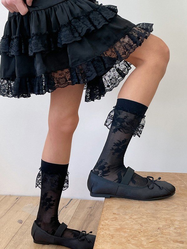 Calcetines de malla de encaje con volantes Lolita-1