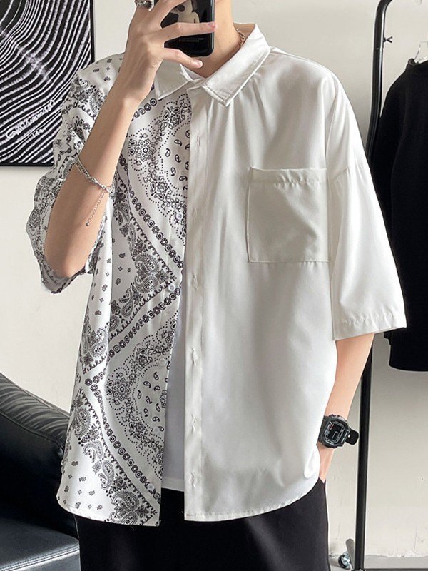 Camisa de hombre con bolsillo y estampado Paisley de patchwork-1