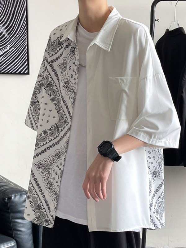 Camisa de hombre con bolsillo y estampado Paisley de patchwork-3