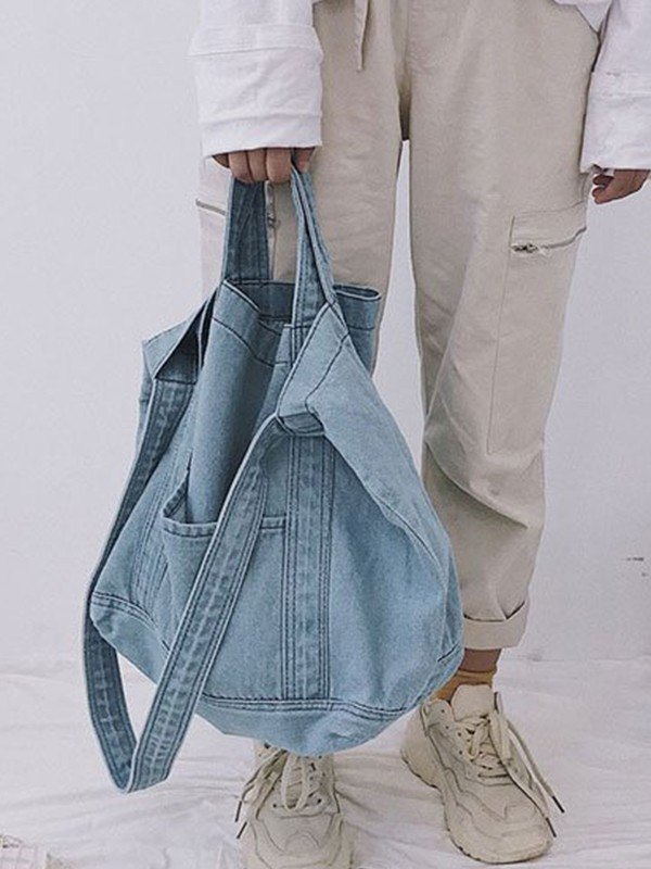 Bolso tote grande de denim lavado-1