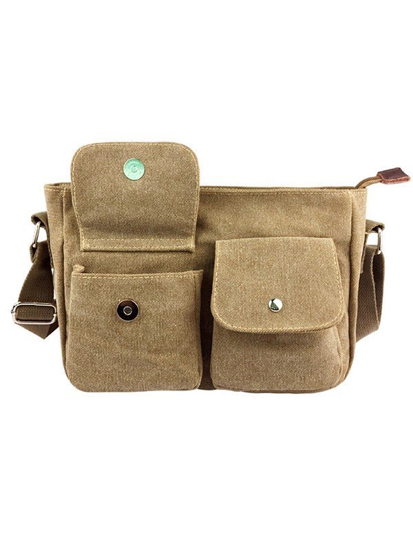 Bolso bandolera caqui de lona con dibujos animados-1