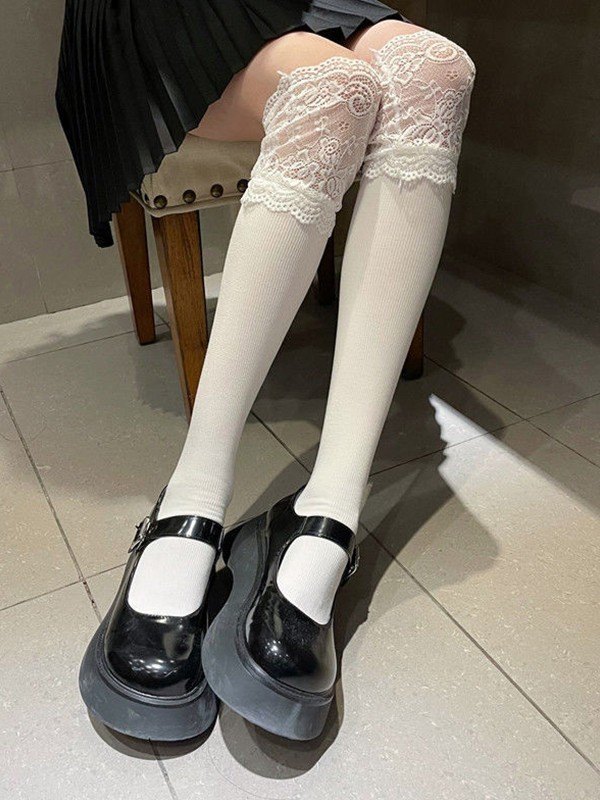 Calcetines blancos hasta la rodilla con paneles de encaje-3