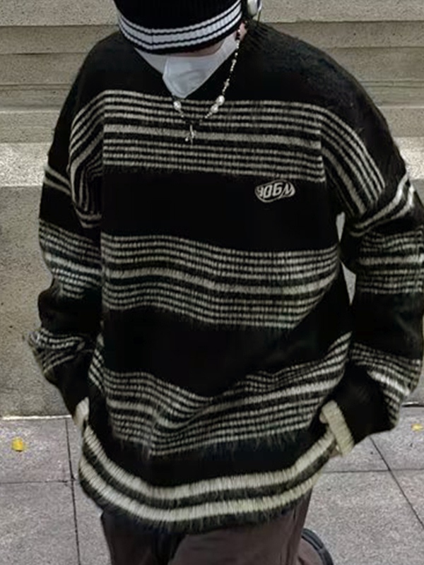 Suéter suelto con estampado de rayas difusas para hombre-1